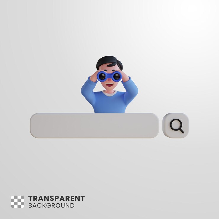 PSD 3d search bar icons with male characters using binoculars