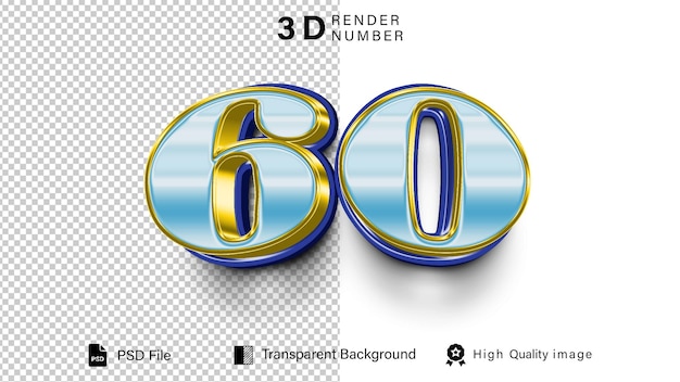 3d Sechzig Nummer 60 blaue Lichtfarbe isoliert auf durchsichtigem Hintergrund