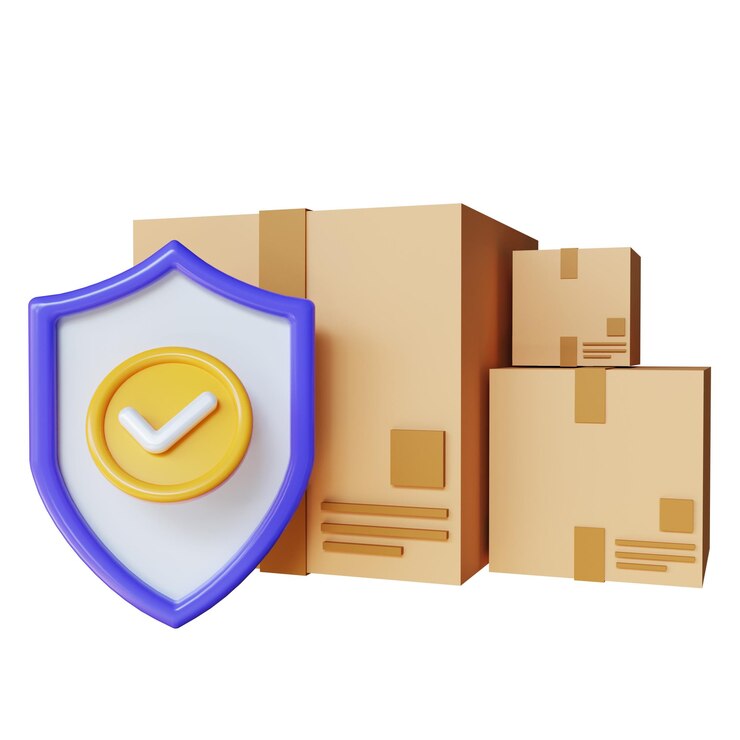 PSD 3d secure package delivery with shield and check mark parcel protection shipping insurance