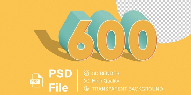 3d Seiscientos Número 600 Color amarillo aislado sobre un fondo transparente