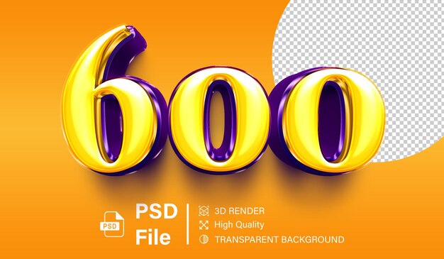 3d Seiscientos Número 600 Color amarillo brillante y púrpura aislado sobre un fondo transparente