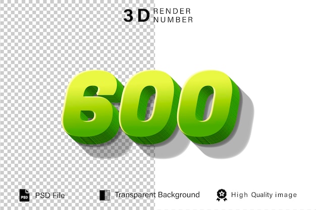 3d Seiscientos Número 600 verde con color limón aislado sobre un fondo transparente