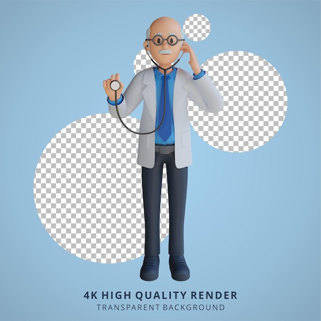 3D Senior Doctor sosteniendo una ilustración de personaje de estetoscopio