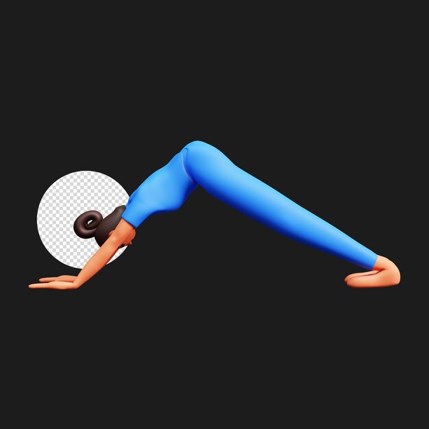 3d señorita practicando adho mukha svanasana contra fondo negro