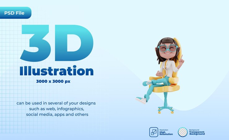 PSD 3d sentado en la silla de oficina