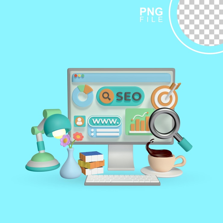 PSD 3d seo analyst pc setup icon una pantalla de computadora con una página web en ella