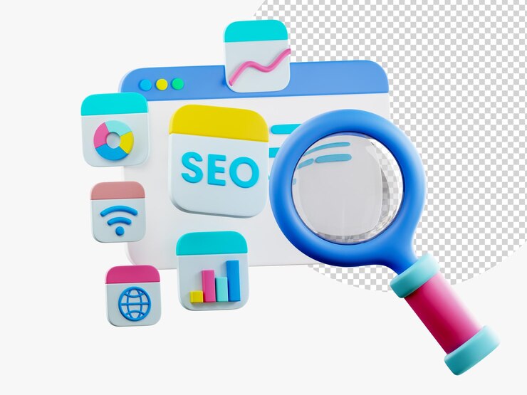 PSD 3d seo optimization análisis web y marketing seo concepto de redes sociales interfaz seo para la estrategia del sitio web y la planificación de la investigación tráfico del motor de búsqueda renderizado 3d