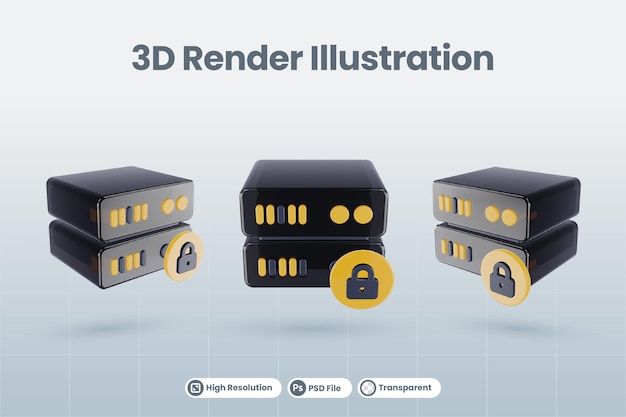 3d server database illustration with 3d lock icon render isolated