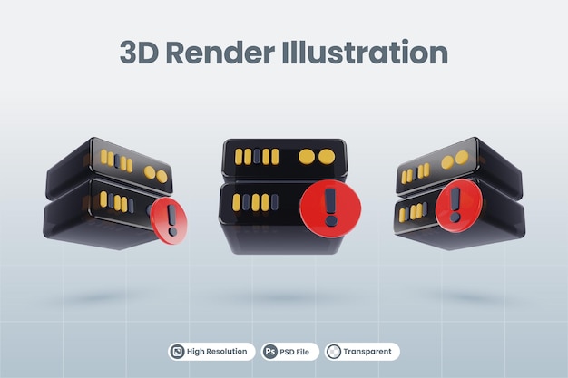 3D-Server-Datenbank-Illustration mit 3D-Ausrufezeichen-Symbol isoliert rendern