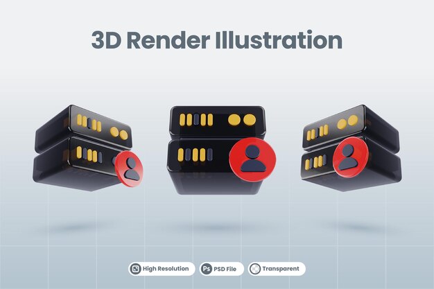 3D-Server-Datenbank-Illustration mit 3D-Benutzerprofil-Personen-Symbol rendern isoliert