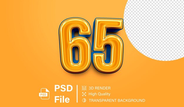 3d sesenta y cinco número 65 gradiente naranja y azul aislado en fondo transparente