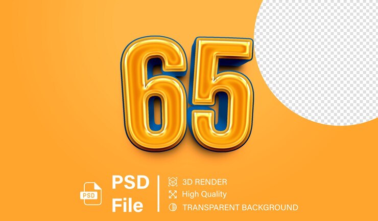 PSD 3d sesenta y cinco número 65 gradiente naranja y azul aislado en fondo transparente