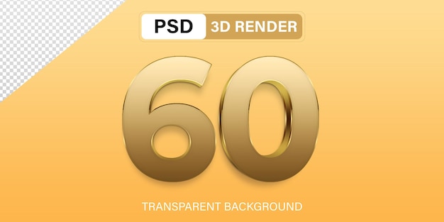 3d sesenta Número 60 color dorado aislado sobre un fondo transparente