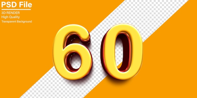 3d Sessanta Numero 60 Giallo e rosso metallico isolato su sfondo trasparente