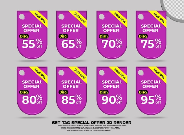 PSD 3d set etiqueta oferta especial venta descuento promoción variación de color púrpura