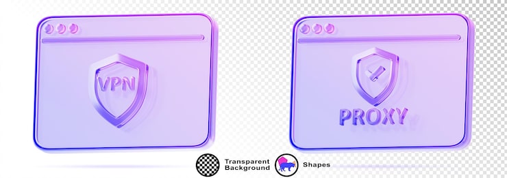 PSD 3d set of glass holographic browser window with vpn shield and proxy server icon render data encryption hide ip address secure internet connection technology computer security