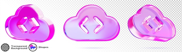 3d set of glass holographic cloud programming icon with html code tag Render cloud computing platform with purple pink gradient Development of software and application in internet