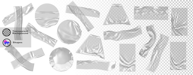PSD 3d set of transparent duct adhesive plastic tape clear round and triangle sticker glued cross patch crumpled sticky strip scotch wrinkled sellotape film piece isolated render icon