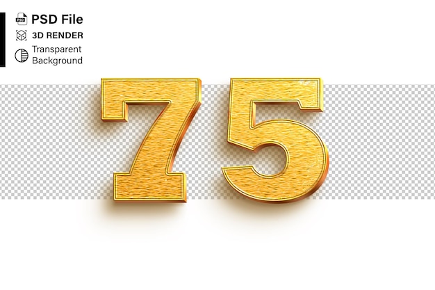 3d setenta y cinco número 75 brillo dorado aislado sobre un fondo transparente