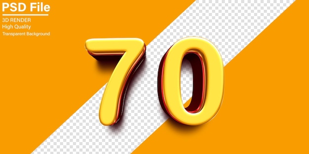 3d setenta número 70 amarillo y rojo metálico aislado sobre fondo transparente