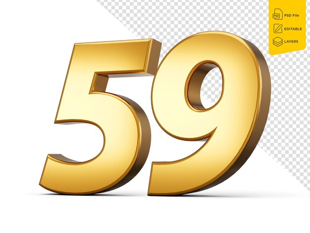 3D Shiny Gold Nummer 59 neunundfünfzig 3D-Gold-Nummer isoliert auf weißem Hintergrund 3D-Darstellung