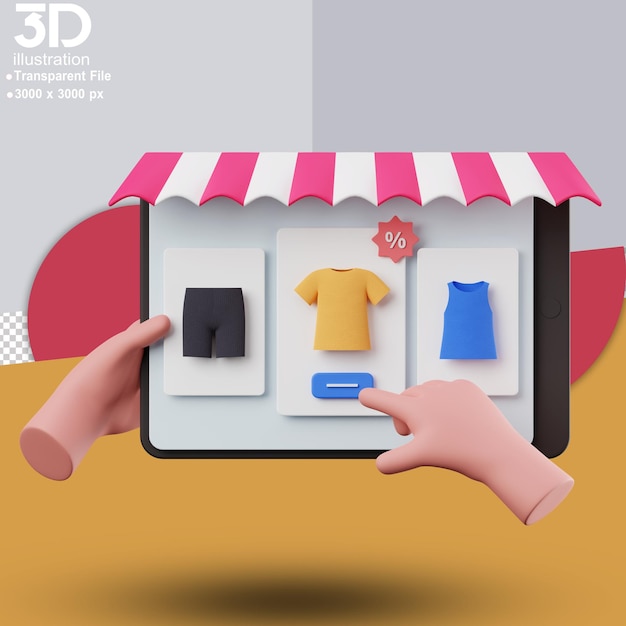 3D-Shopping auf dem Tablet 3D-Illustration auf isoliertem Hintergrund