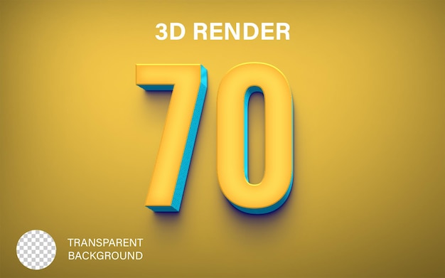3d Siebzig Nummer 70 Gelbe und blaue Farbe isoliert auf durchsichtigem Hintergrund
