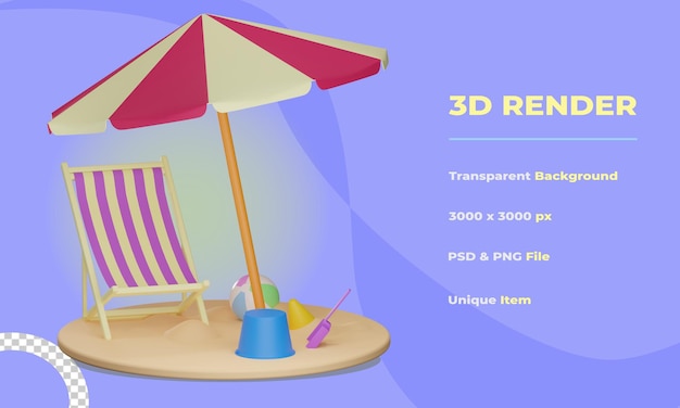 3d silla y sombrilla de playa con fondo transparente