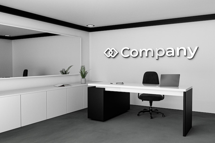PSD 3d silver logo mockup on office wall