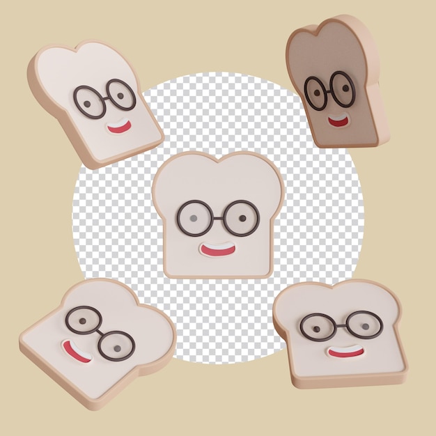 3d simpatico personaggio di pane con la faccia da nerd