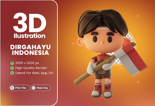 3d simpatico ragazzo barista illustrazione personaggio con indipendenza indonesiana tema