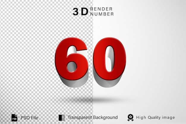 3d Sixty Numero 60 colore metallico rosso isolato su sfondo trasparente