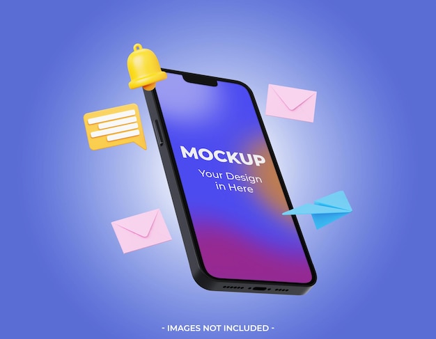 3D-Smartphone-Mockup mit Chat- und Glockensymbol