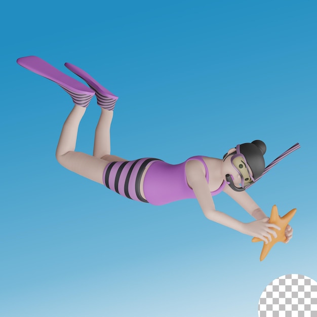 PSD 3d snorkel feminino e ilustração de estrela do mar