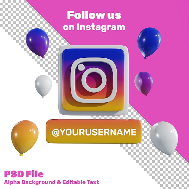 PSD 3d social media instagram logo mit ballon und label alpha hintergrund