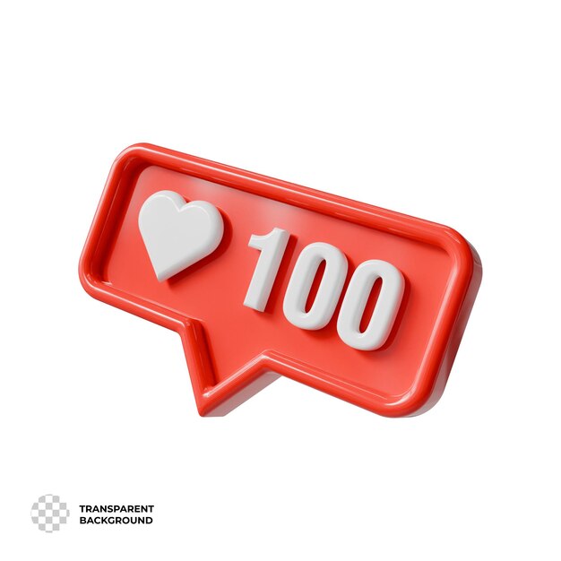 3d social media like notification with heart and number 100