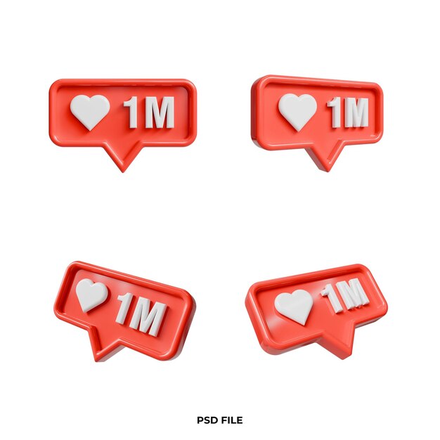 3d social media like notification with heart and number 1m