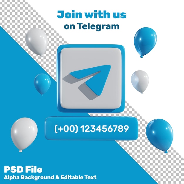 PSD 3d-social-media-telegramm-logo mit ballon und label-alpha-hintergrund