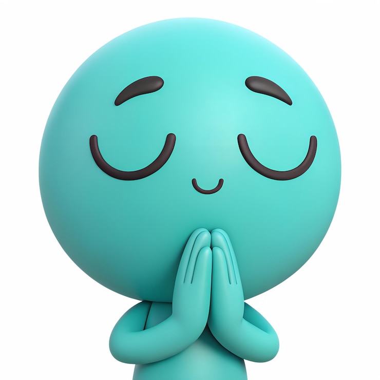 PSD 3d a soft teal emoticon with its hands pressed together in front of its chest in a prayerlike gesture eyes closed in a peaceful expression of gratitude