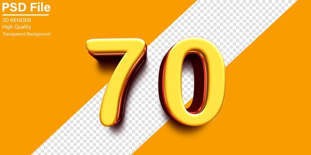 3d Soixante-dix Numéro 70 Jaune et rouge métallique isolé sur fond transparent