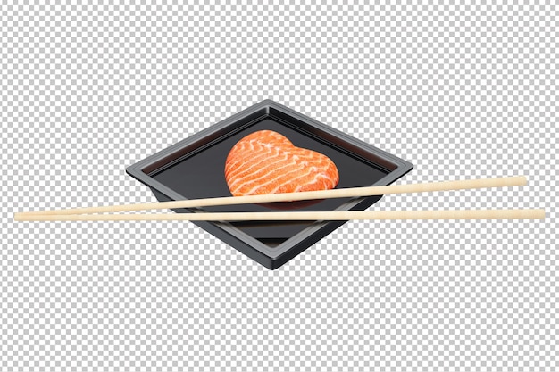 3D-Soja-Sauce-Glas mit herzförmigem Lachs und Essstäbchen auf durchsichtigem Hintergrund