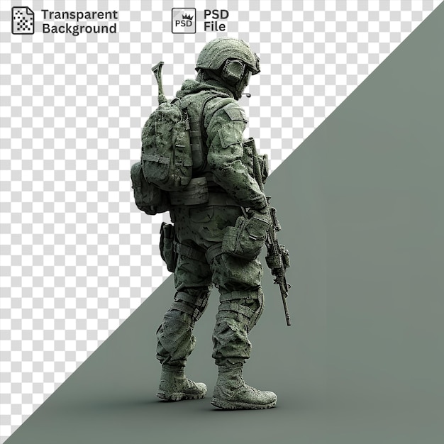 3d-soldat im dienst mit einer großen waffe, einem weißen helm und einem großen rucksack mit einem weißen fuß, der im vordergrund sichtbar ist