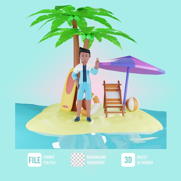 PSD 3d-sommer-männliche figur, die friedenszeichen mit strandillustration zeigt
