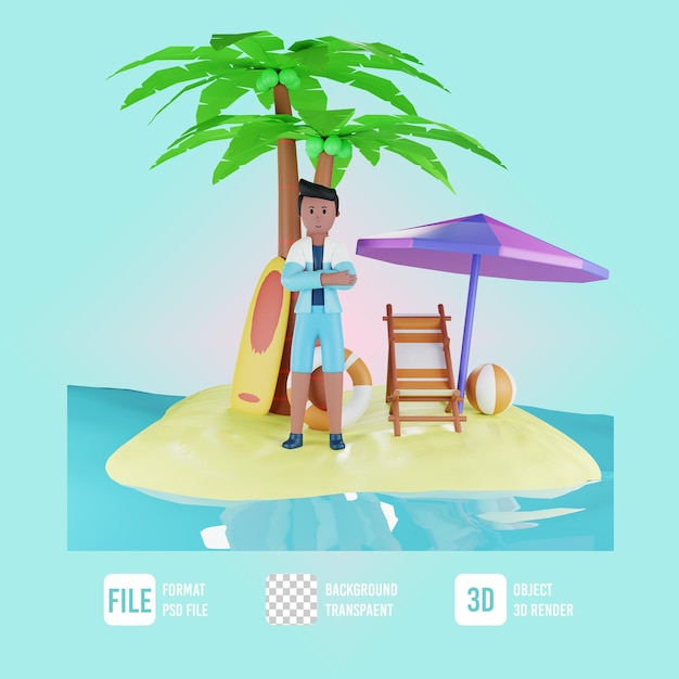 PSD 3d sommer männlicher charakter arm gekreuzte pose mit strandillustration