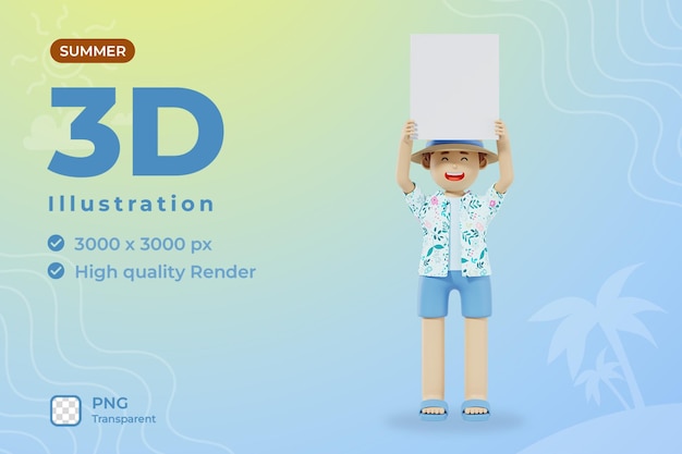 3D-Sommer-Mann-Illustration hält weißes Plakat