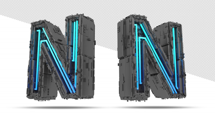 PSD 3d spaceship alphabet with neon light effect 