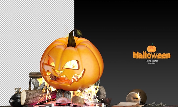 3d spettrale zucca di Halloween e oggetti di scena sul fuoco bottiglie di pozione magica candele che si sciolgono timer di sabbia