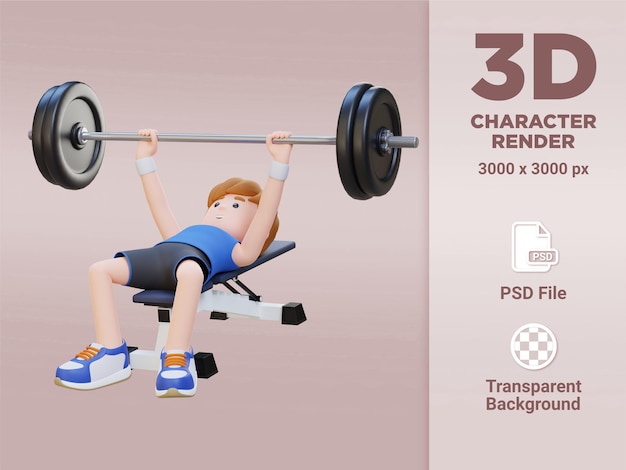3D-Sportler-Charakter, der mit der Langhantel-Bankdrücken-Übung Kraft aufbaut