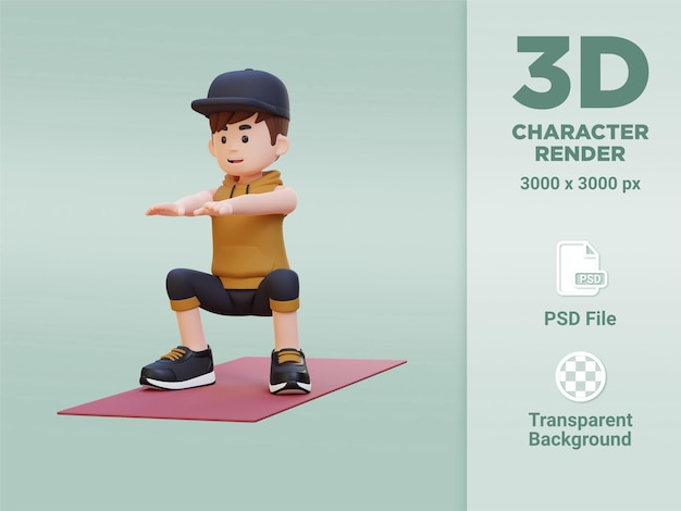 PSD 3d-sportlicher männlicher charakter, der kniebeugen im heim-fitnessstudio meistert