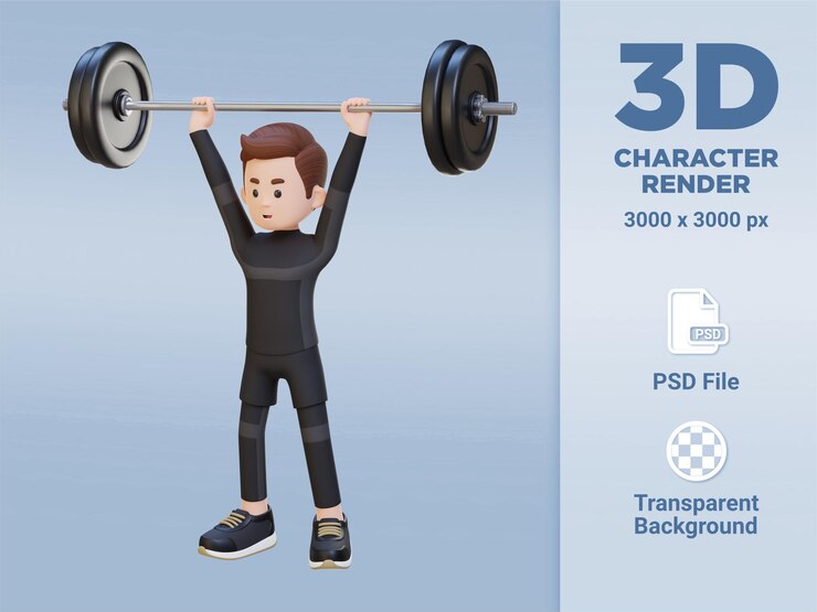 PSD 3d sportsman character building fuerza del hombro con entrenamiento de prensa por encima de la cabeza